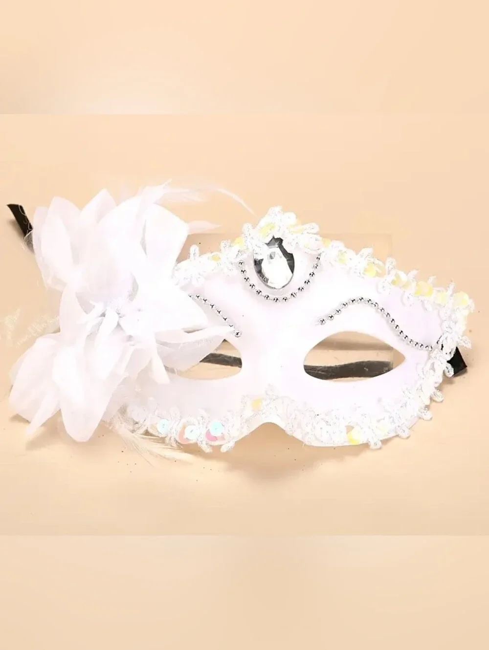 White Decorative Venetian Mask with Jewel and Feathers
